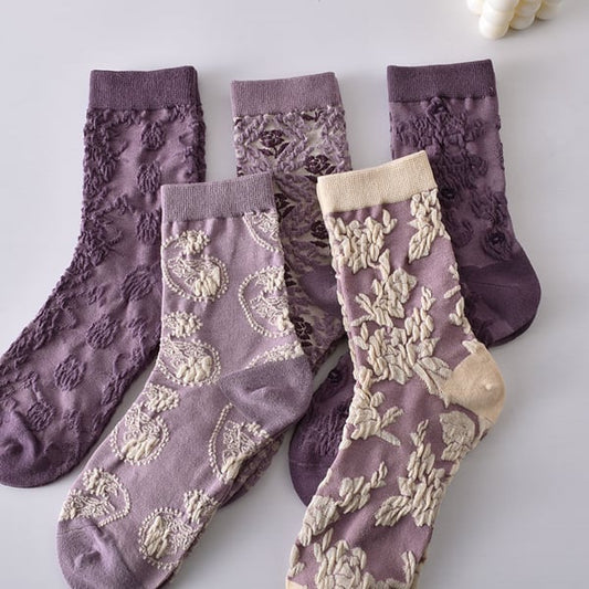 Sale 50%OFF-5 Pairs Women's Purple Vintage Floral Cotton Socks