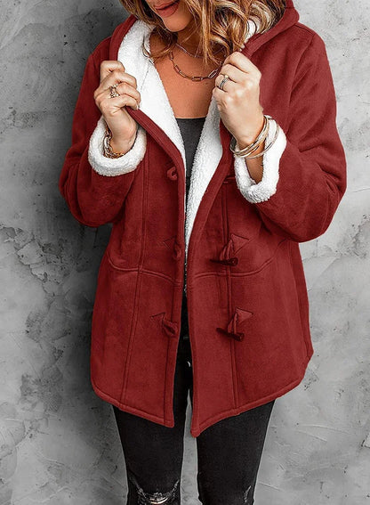 Warm soft hooded cashmere horn button coat