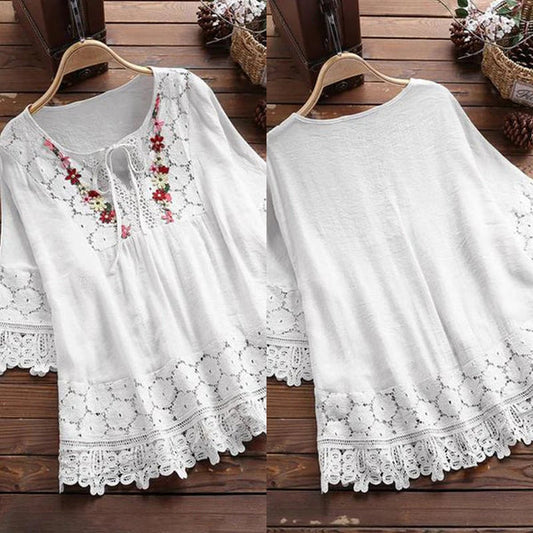 🔥Plus Size Blouses for Women Cotton Linen Elegant Blouse Lace Embroidery V Neck Shirts