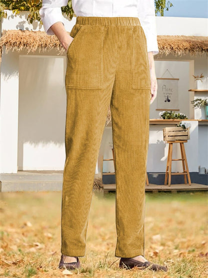 WOMEN'S SOLID COLOR ELASTIC WAIST CASUAL CORDUROY STRAIGHT LEG PANTS