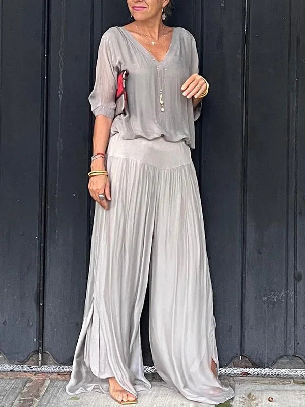 Ensemble deux pièces pantalon large en mousseline élégant