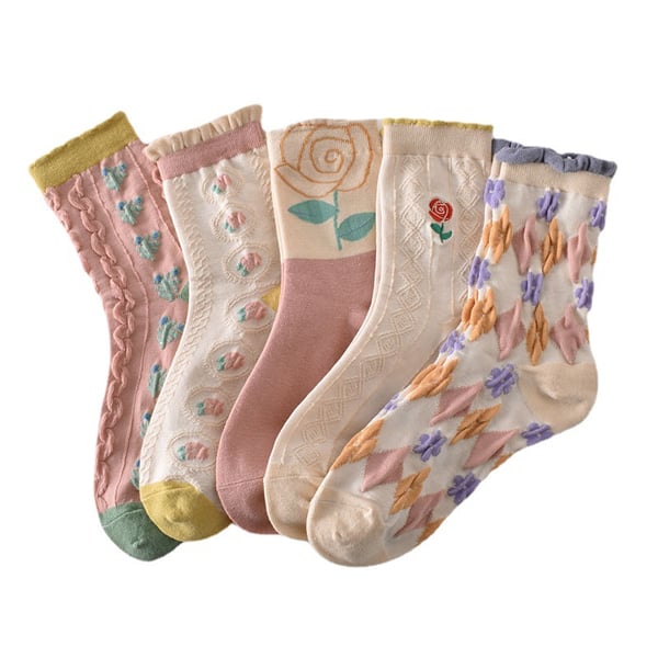 Sale 50%OFF-5 pairs of women's pink floral cotton socks