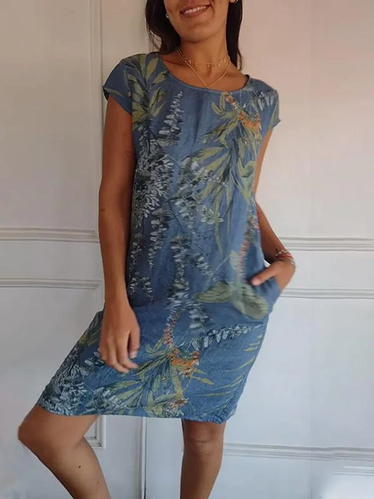 Women's Cotton & Linen Round Neck Printed Dress