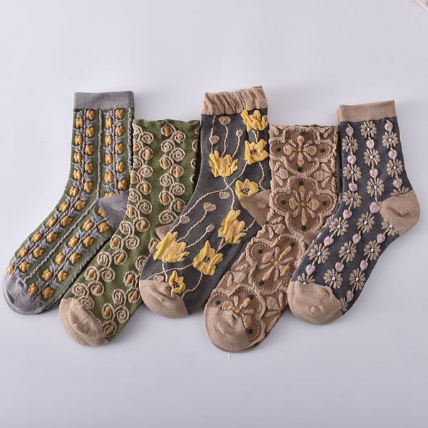 Sale 50%OFF-5 Pairs Women's Embossed Floral Cotton Socks