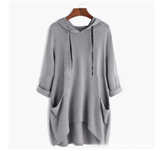 Women's Hooded Solid Color Loose Sweatshirt, Irregular Pocket Top