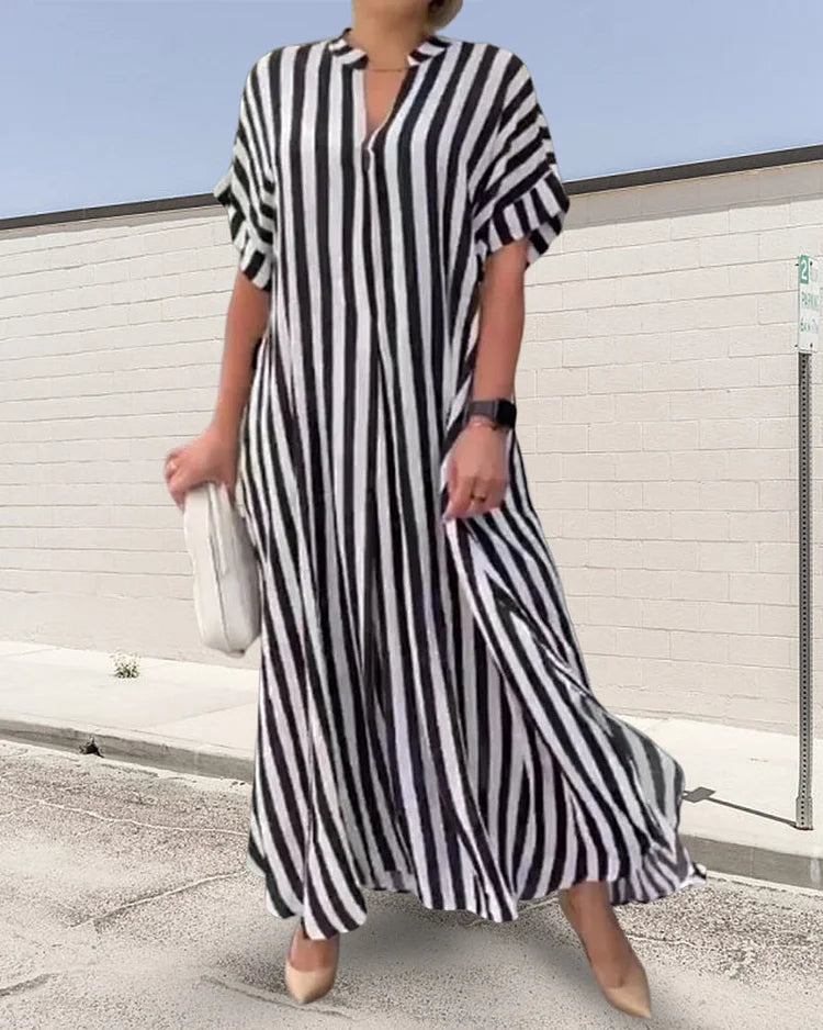 V-neck Shirt Dress in Stripe Print