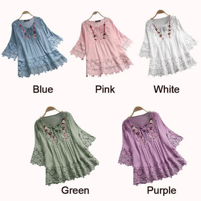 🔥Plus Size Blouses for Women Cotton Linen Elegant Blouse Lace Embroidery V Neck Shirts