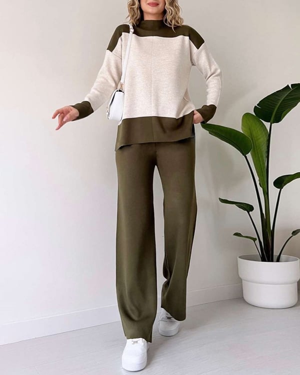 Color-blocking Sweater And Solid Color Long Pants Two-piece Set