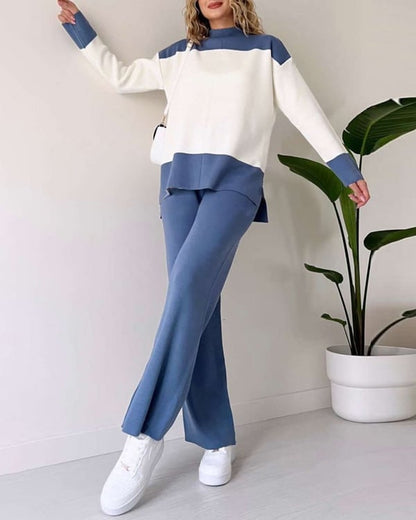 Color-blocking Sweater And Solid Color Long Pants Two-piece Set