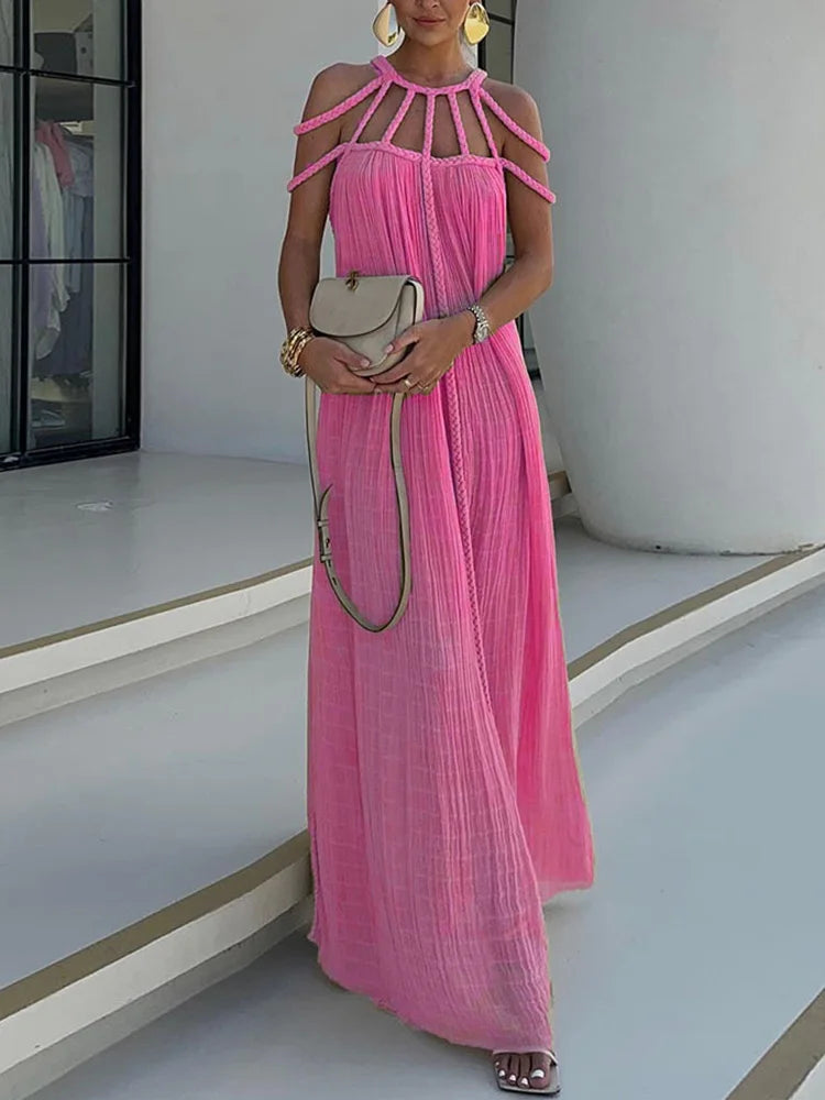 Modern and Sophisticated Linen Blend Draped Braids Cover Up Maxi Dress (Buy 2 Free Shipping)