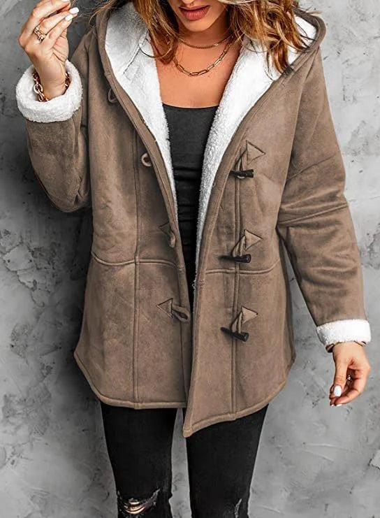 Warm soft hooded cashmere horn button coat