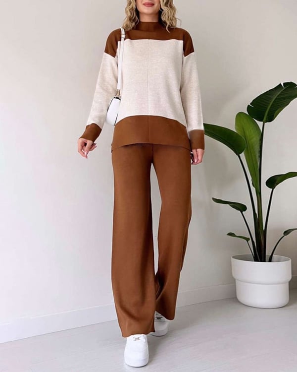 Color-blocking Sweater And Solid Color Long Pants Two-piece Set