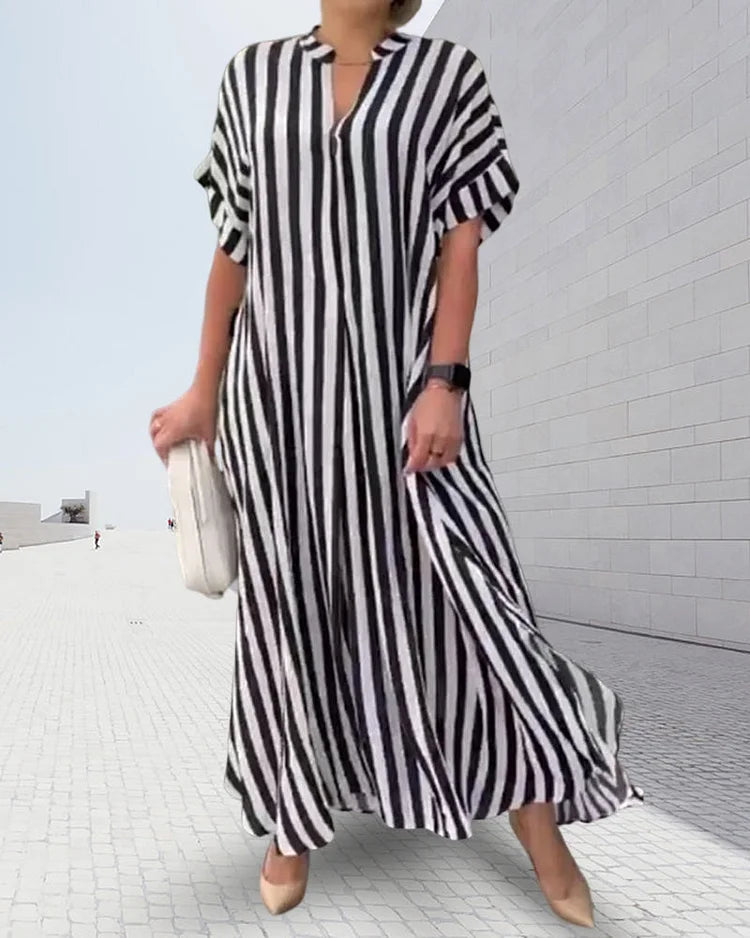 V-neck Shirt Dress in Stripe Print