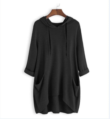 Women's Hooded Solid Color Loose Sweatshirt, Irregular Pocket Top