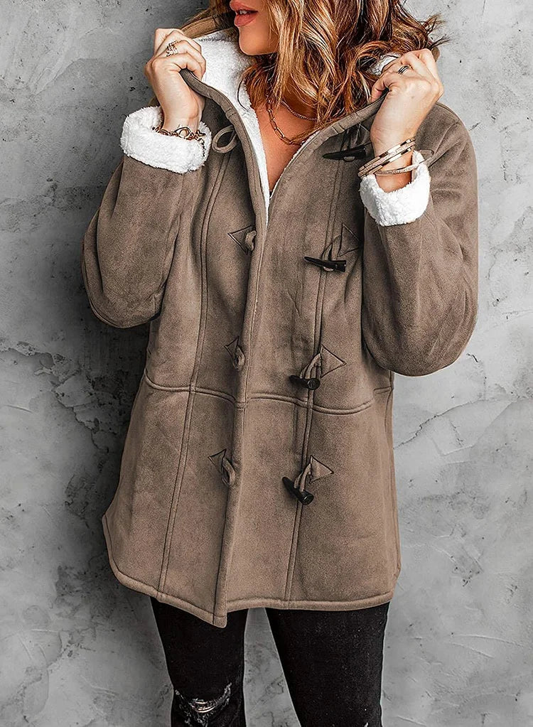 Warm soft hooded cashmere horn button coat