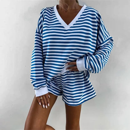 Women's 2-Piece Outfits Striped V Neck Loose Fit Top & Shorts