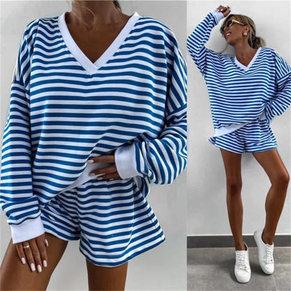 Women's 2-Piece Outfits Striped V Neck Loose Fit Top & Shorts