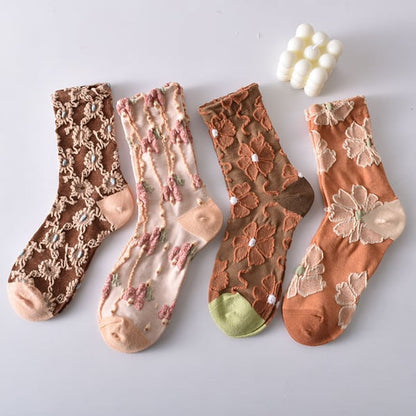 Sale 50%OFF-5 Pairs Women's Elegant Embossed Floral Cotton Socks