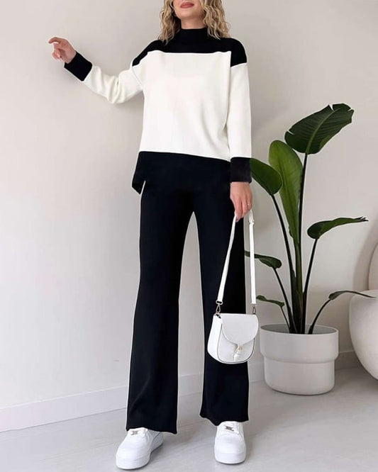 Color-blocking Sweater And Solid Color Long Pants Two-piece Set