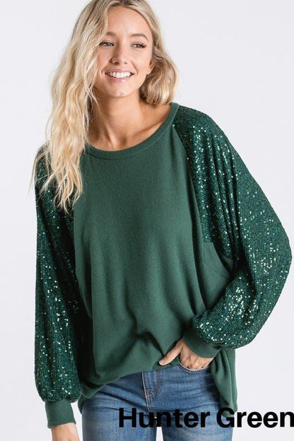 💃Sequin Stitching Women's Round Neck Loose Raglan Sleeve Top