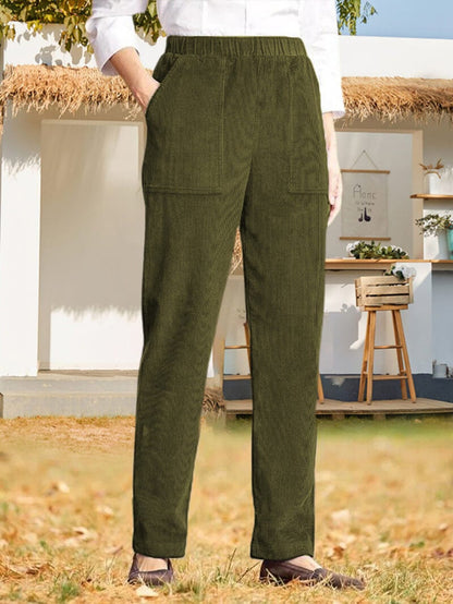 WOMEN'S SOLID COLOR ELASTIC WAIST CASUAL CORDUROY STRAIGHT LEG PANTS