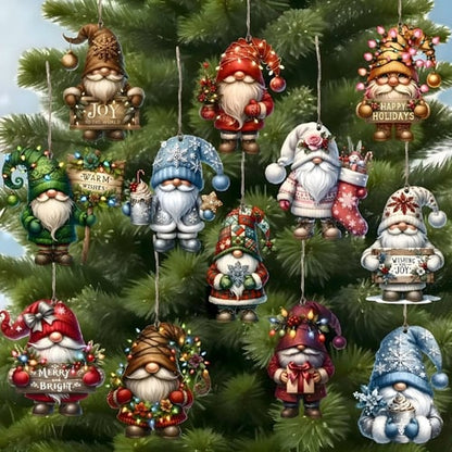 Wooden Dwarf Christmas Tree Ornaments Set (12pcs)