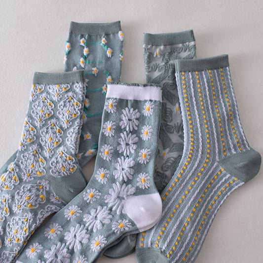 Sale 50%OFF-5 Pairs Women's Blue Elegant Embossed Floral Cotton Socks