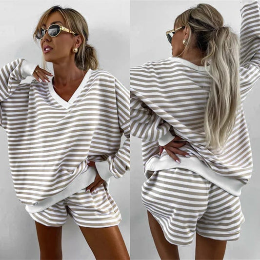 Women's 2-Piece Outfits Striped V Neck Loose Fit Top & Shorts