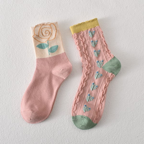 Sale 50%OFF-5 pairs of women's pink floral cotton socks