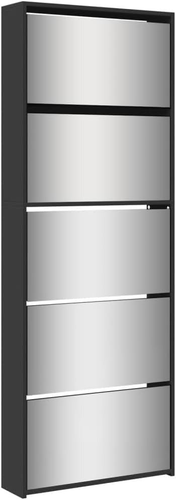 Shoe Cabinet with Mirror – 5-Tier Slim Shoe Storage Cabinet with Folding Drawers, Black