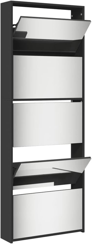 Shoe Cabinet with Mirror – 5-Tier Slim Shoe Storage Cabinet with Folding Drawers, Black