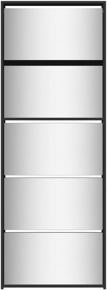 Shoe Cabinet with Mirror – 5-Tier Slim Shoe Storage Cabinet with Folding Drawers, Black