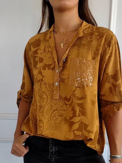 Botanical Floral Print Casual Fashion Sequin Pocket Women Shirt Top