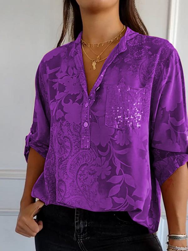 Botanical Floral Print Casual Fashion Sequin Pocket Women Shirt Top