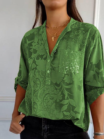 Botanical Floral Print Casual Fashion Sequin Pocket Women Shirt Top