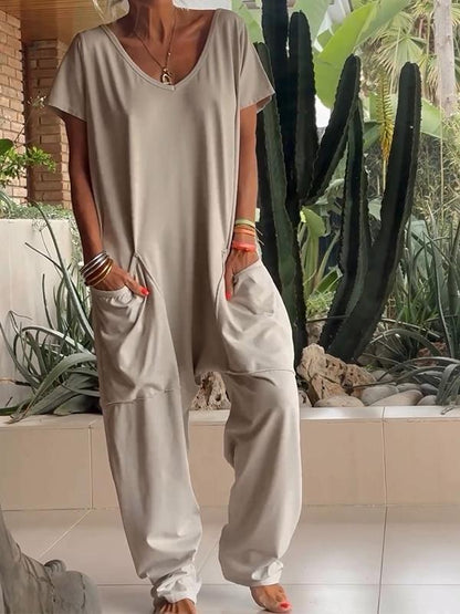 Casual V-neck Solid Color Jumpsuit (Buy 2 Free Shipping)