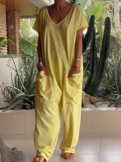 Casual V-neck Solid Color Jumpsuit (Buy 2 Free Shipping)