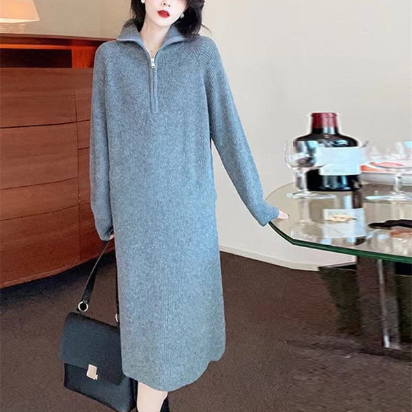 [Women’s Gift] Women Casual Half Zip Long Sleeve Knit Sweater Dress