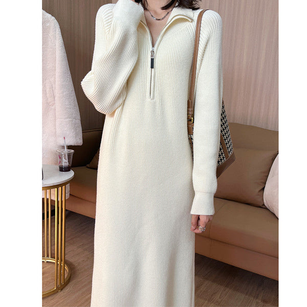 [Women’s Gift] Women Casual Half Zip Long Sleeve Knit Sweater Dress