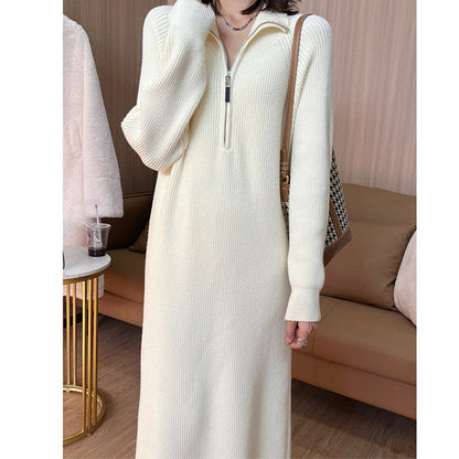 [Women’s Gift] Women Casual Half Zip Long Sleeve Knit Sweater Dress