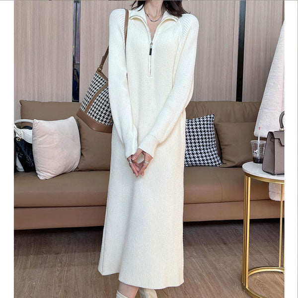 [Women’s Gift] Women Casual Half Zip Long Sleeve Knit Sweater Dress