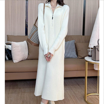 [Women’s Gift] Women Casual Half Zip Long Sleeve Knit Sweater Dress