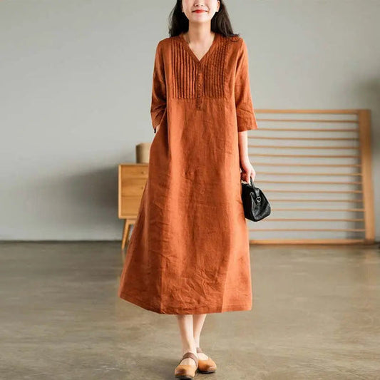 🔥Women's Cotton Linen V-Neck Half Sleeve Dress (Buy 2 Free Shipping)