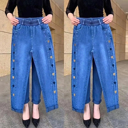 Hot sale🔥 cowboy jean high elastic heart -shaped patterns embroidered ladies trousers（🔥Buy 2 Free Shipping🔥）