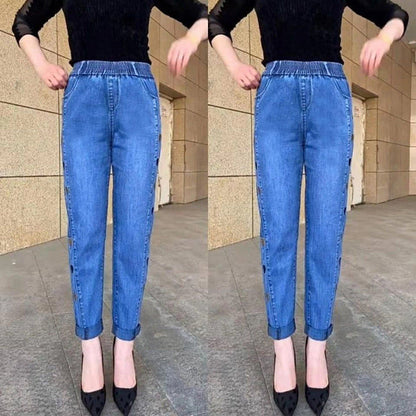 Hot sale🔥 cowboy jean high elastic heart -shaped patterns embroidered ladies trousers（🔥Buy 2 Free Shipping🔥）