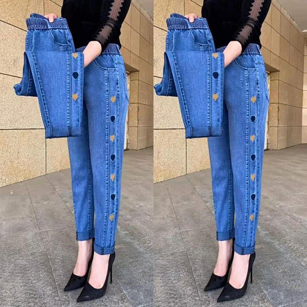 Hot sale🔥 cowboy jean high elastic heart -shaped patterns embroidered ladies trousers（🔥Buy 2 Free Shipping🔥）