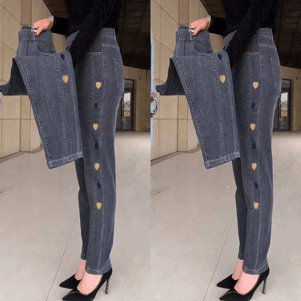 Hot sale🔥 cowboy jean high elastic heart -shaped patterns embroidered ladies trousers（🔥Buy 2 Free Shipping🔥）