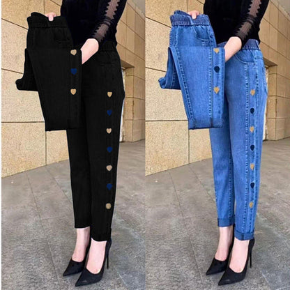 Hot sale🔥 cowboy jean high elastic heart -shaped patterns embroidered ladies trousers（🔥Buy 2 Free Shipping🔥）