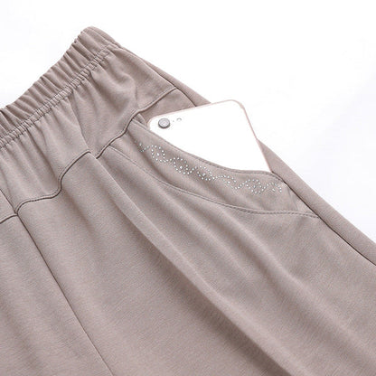 Solid Color Elastic Waist Ankle Pants with Pockets