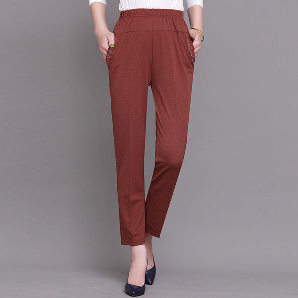 Solid Color Elastic Waist Ankle Pants with Pockets